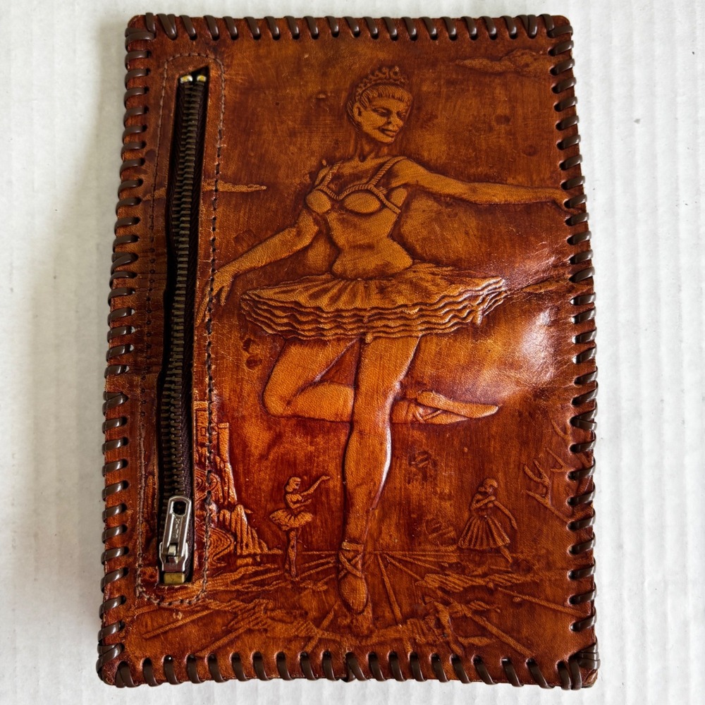 Vintage Hand Tooled Leather Wallet Ballerina Dancer Whipstitched Brown Men's